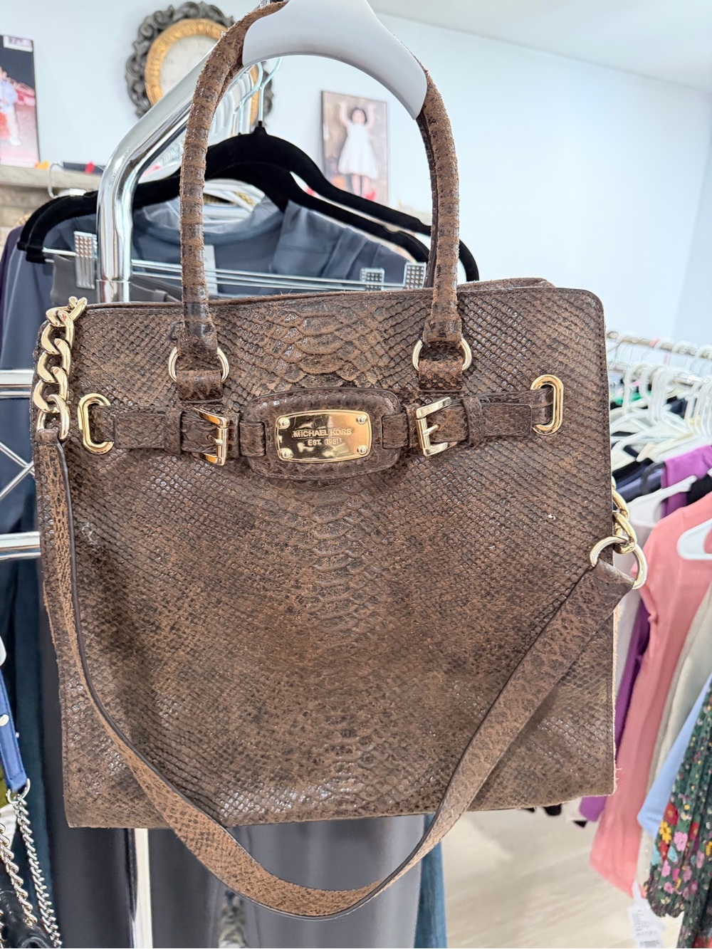Michael Kors Brown Snake-Embossed Satchel with Gold Hardware